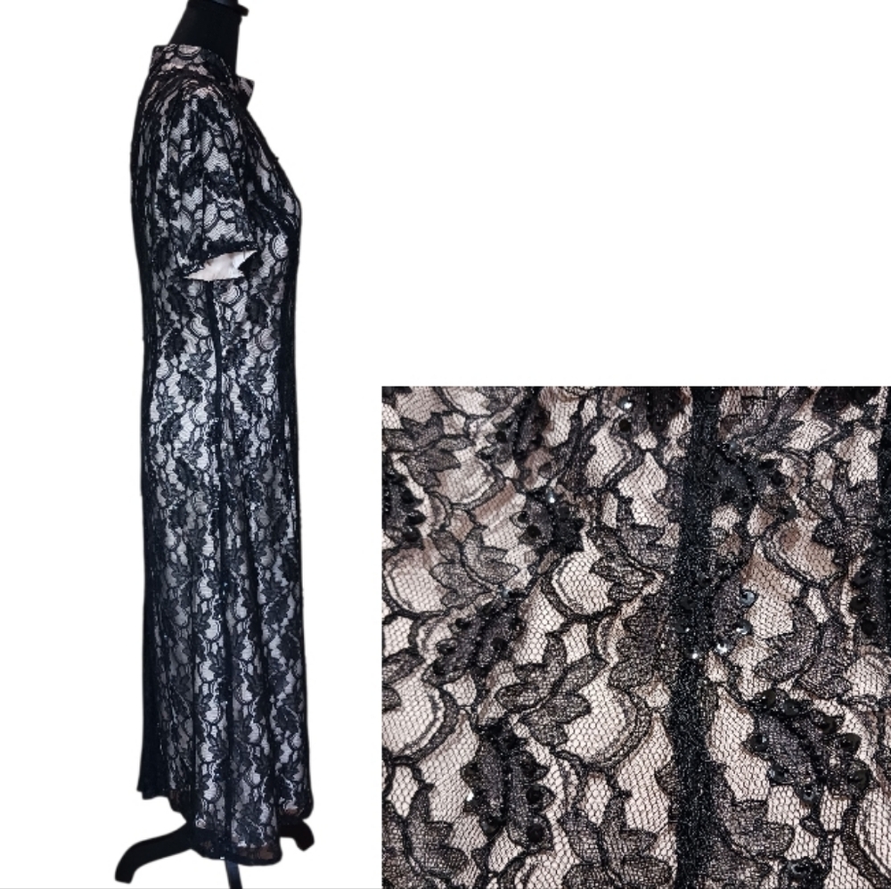 80s Stone Ferris Beaded Lace Evening Gown - Picture 5 of 12